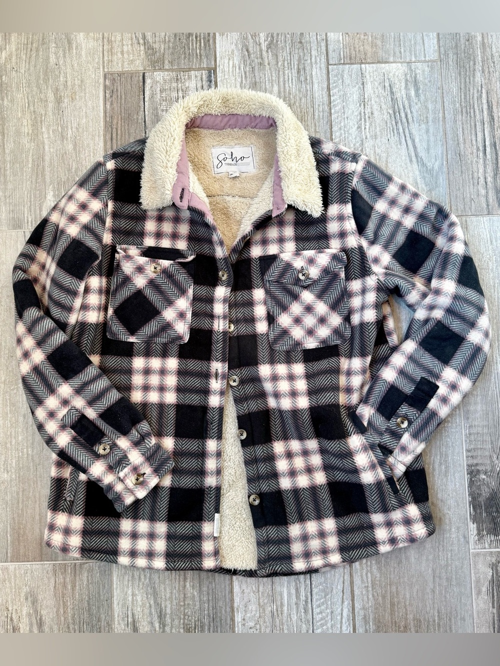 Soho Threads Black & Mauve Plaid Sherpa-Lined Women’s Shacket